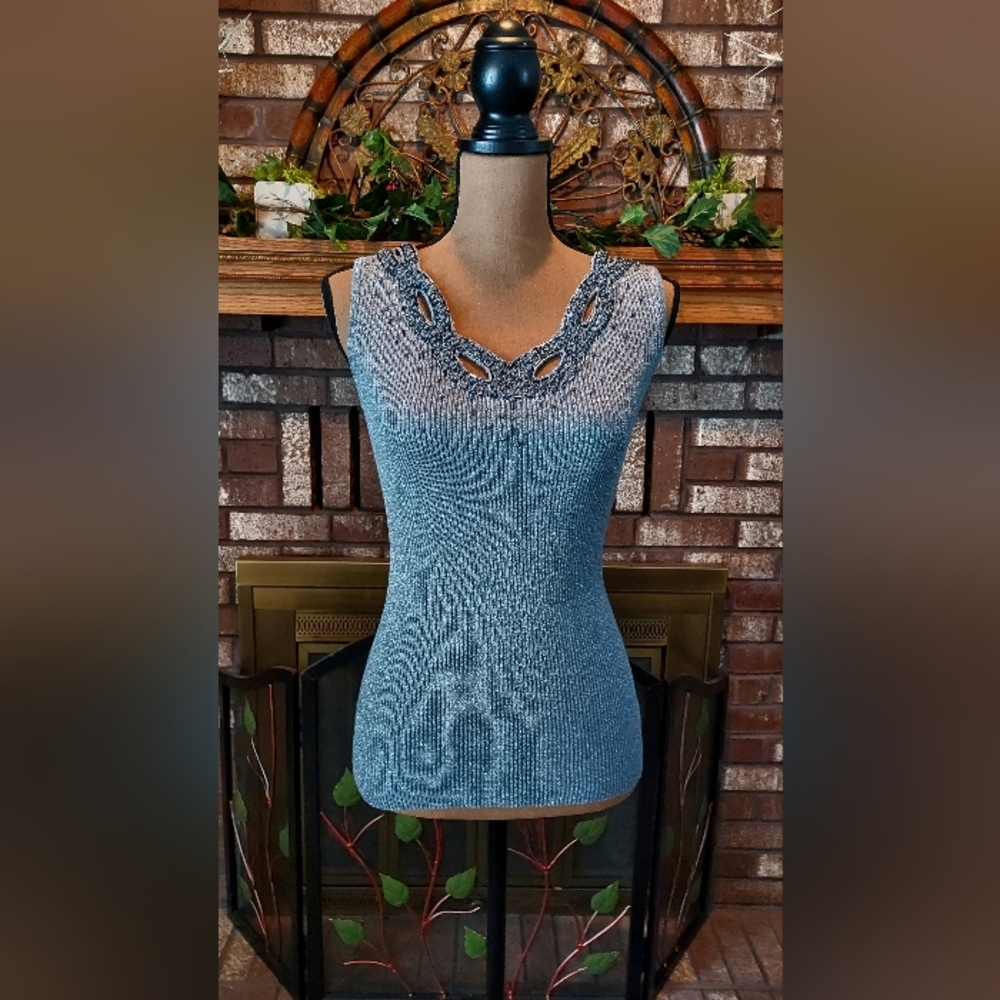 Cache Silver Metallic Shimmer Beaded Tank Top Size Large